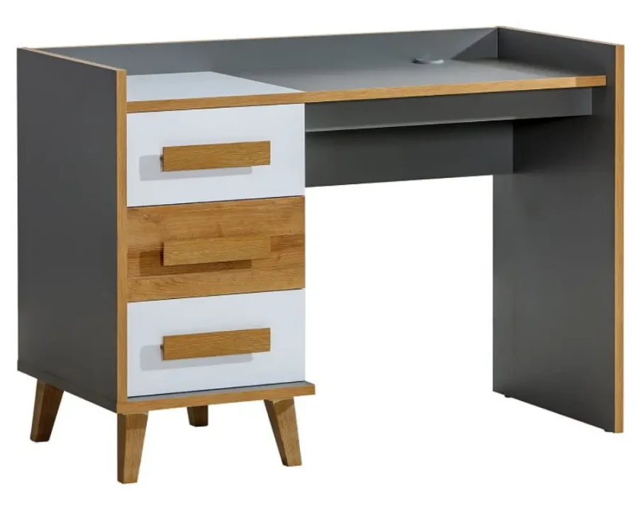 Grauer Schreibtisch mit drei Schubladen in Weiß und Holzoptik für das Arbeitszimmer.