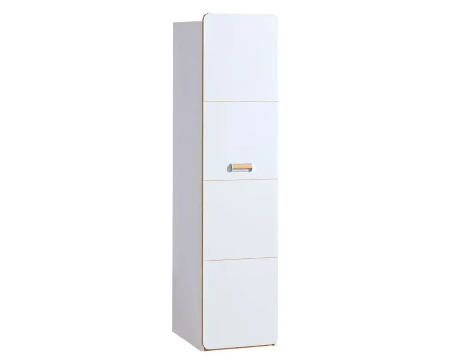 Schmaler weißer Hochschrank mit modernem Holzgriff für Flur oder Badezimmer.