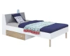 Weißes Jugendbett mit Bettschublade in Holzoptik und blauem Design