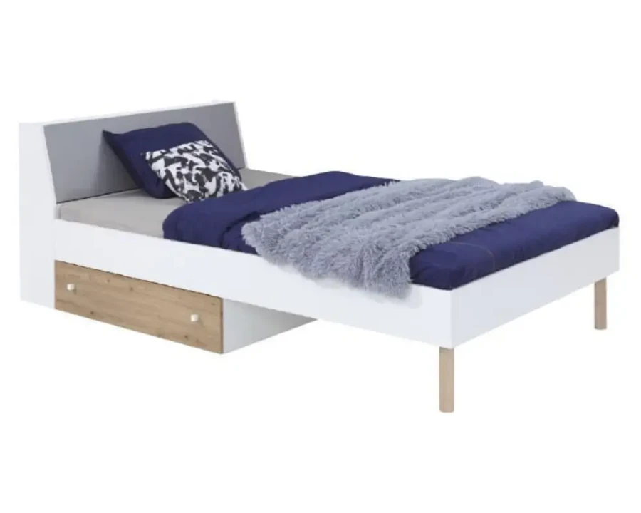 Bett mit Stauraum in Weiß und Holzoptik, inklusive grauer Decke