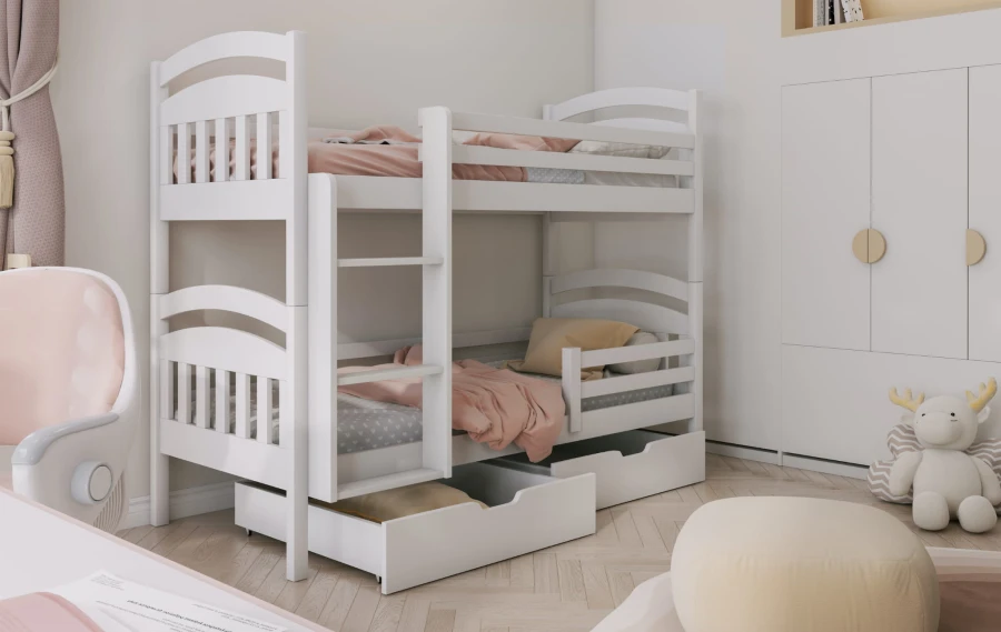 Robustes weißes Etagenbett aus Holz mit zwei großen Schubladen für Bettzeug.