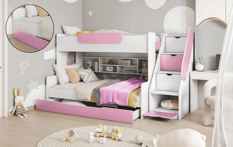 Girl's bunk bed in white and pink with stairs, storage compartments and pull-out bed.