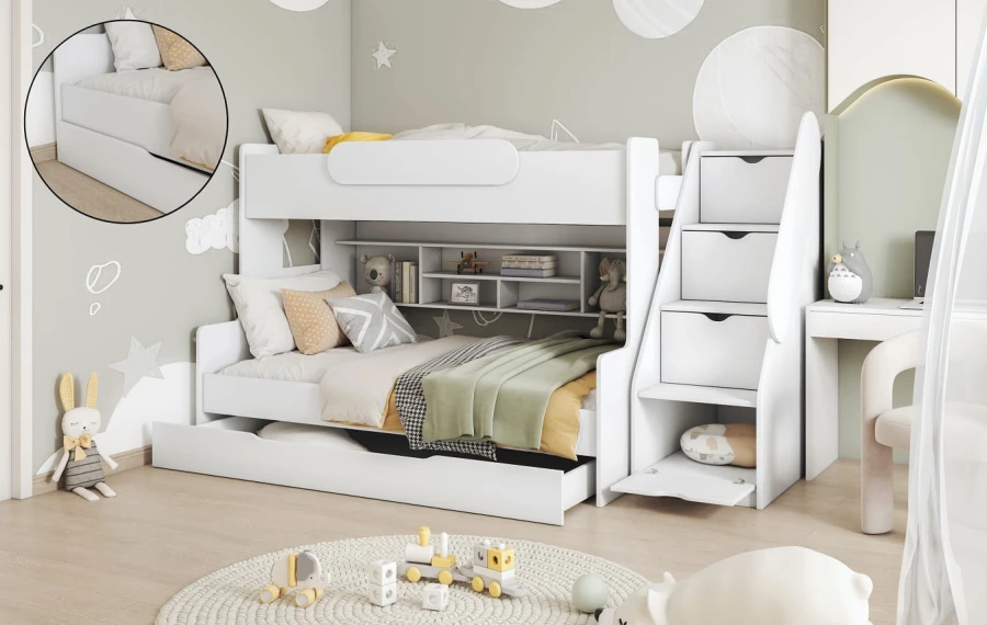 White functional bunk bed with staircase, shelves and a bed drawer.