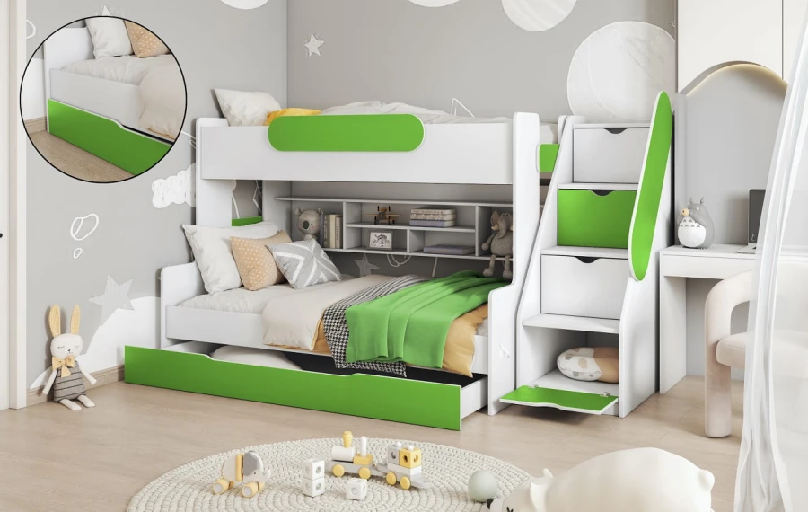 Moderne hoogslaper voor kinderen in wit en groen met praktische ladetreden.