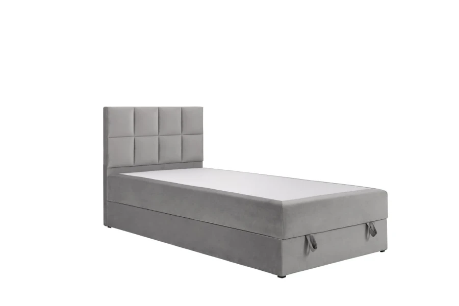 Graues Polsterbett als Einzelbett mit elegant gestepptem Kopfteil.