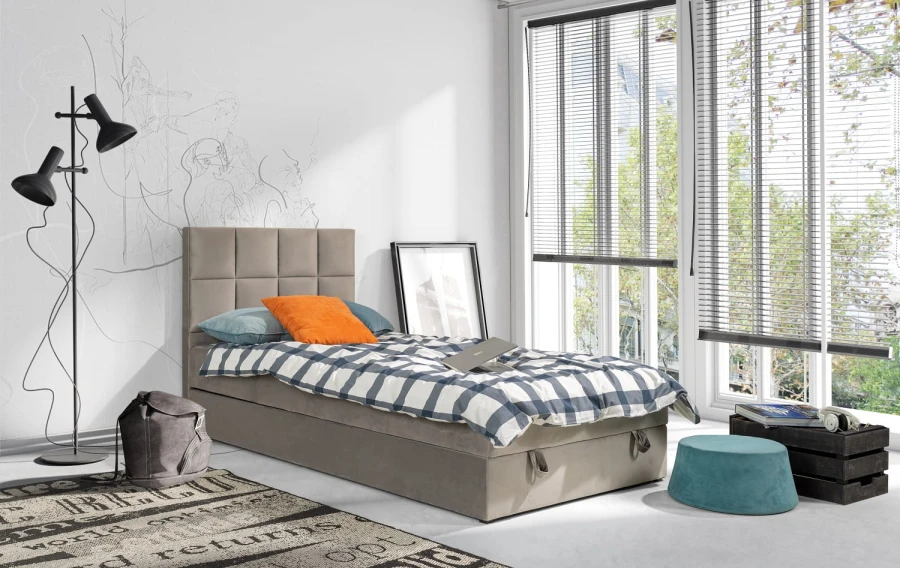 Beiges Polsterbett Einzelbett mit gestepptem Kopfteil in modernem Design.
