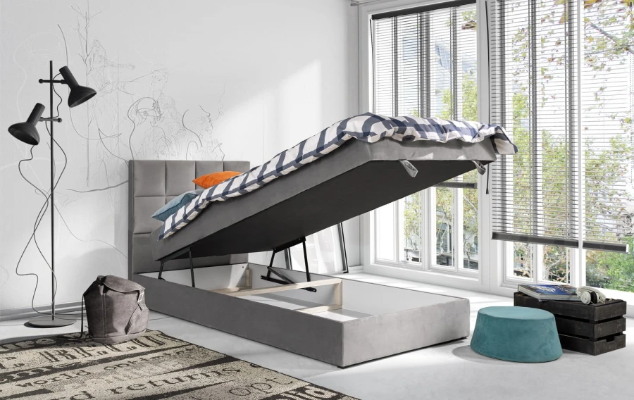 Polsterbett mit Bettkasten-Funktion für viel Stauraum im Kinderzimmer.
