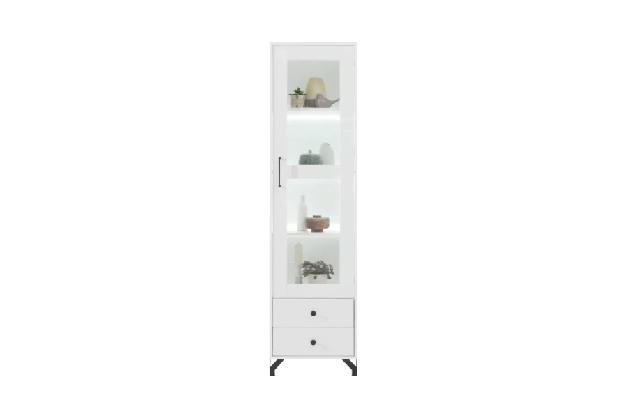 Hohe weiße Vitrine mit Glastür, Innenbeleuchtung und zwei Schubladen.