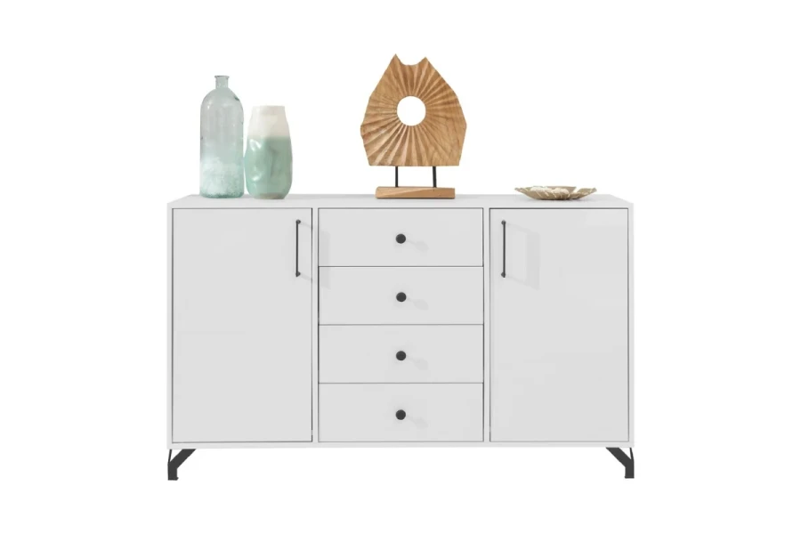 Modernes weißes Sideboard mit vier Schubladen und zwei Schranktüren im skandinavischen Stil.