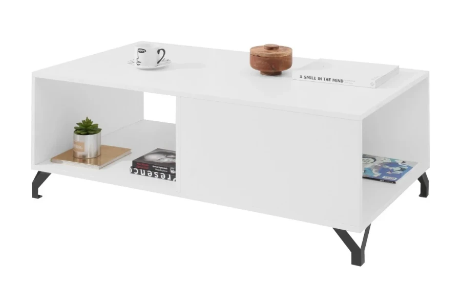 Weißer Couchtisch mit praktischen Ablagefächern und schwarzen Designerfüßen für das Wohnzimmer.