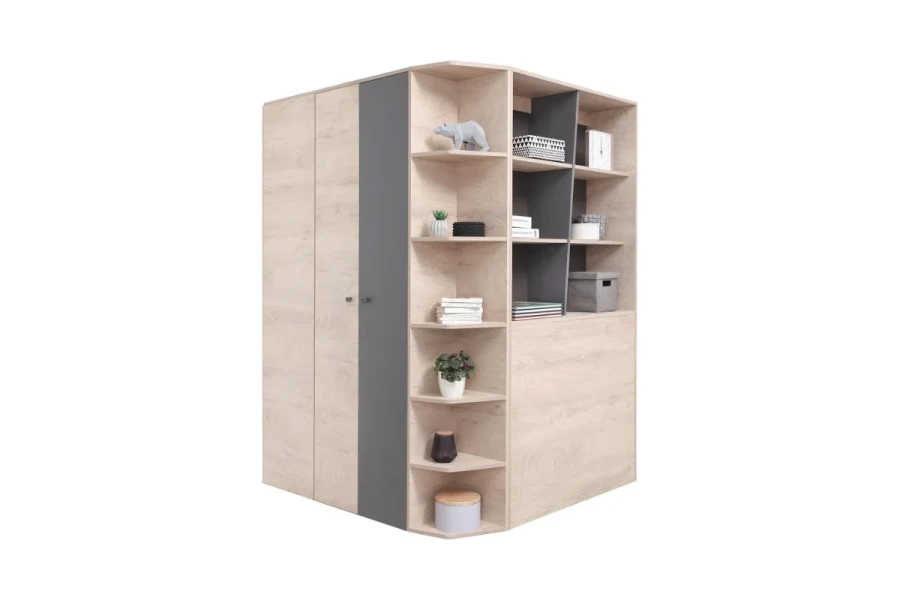 Eckkleiderschrank in Eiche-Optik und Grau mit integriertem Bücherregal für mehr Stauraum.