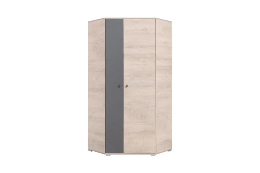 Kompakter Eckschrank in heller Holzoptik und Anthrazit, ideal für kleine Zimmer.