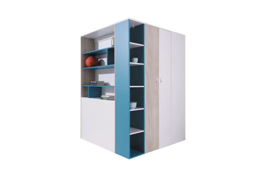 Eckkleiderschrank in Weiß und Eiche-Optik mit blauen Regalelementen für das Jugendzimmer