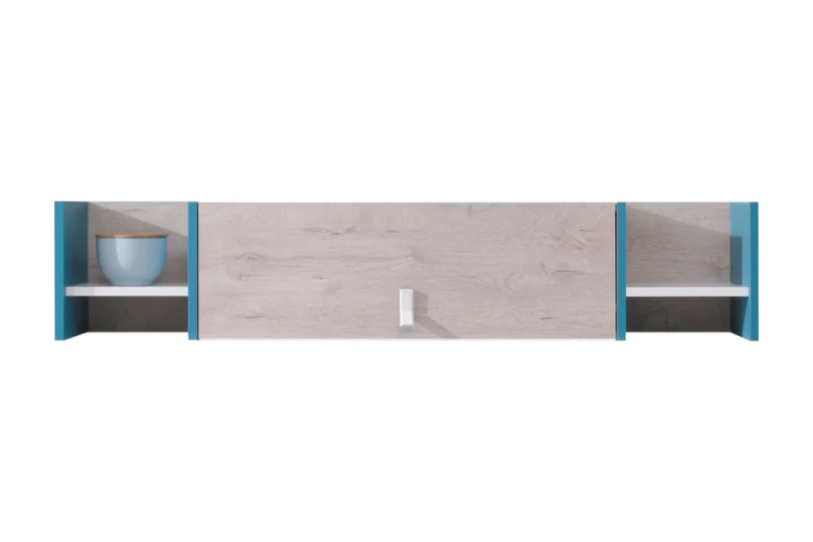 Wandboard mit Klappe in Eiche-Optik und blauen Akzenten für zusätzliche Aufbewahrung