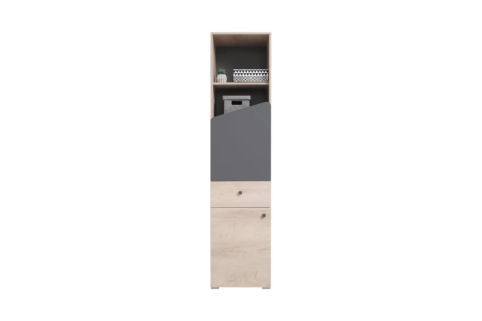 Hohes Regal für Kinderzimmer in Eiche und Grau mit asymmetrischer Tür und Stauraum.