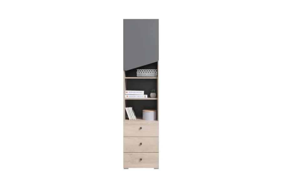 Modernes Hochschrank-Regal mit drei Schubladen und offenen Fächern in Eiche-Grau Design.