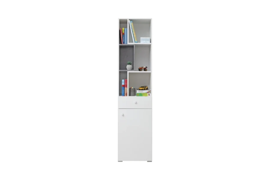 Weißes Bücherregal mit Tür und Schublade, schmaler Schrank fürs Kinderzimmer.