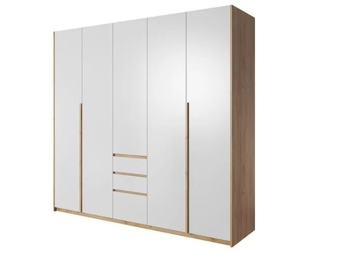 Großer Kleiderschrank in Weiß und Eiche mit sechs Türen und drei Schubladen.