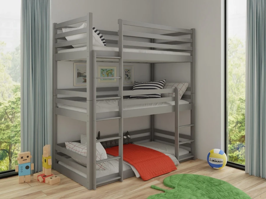 Graues Etagenbett für drei Personen im Kinderzimmer mit Leitern.