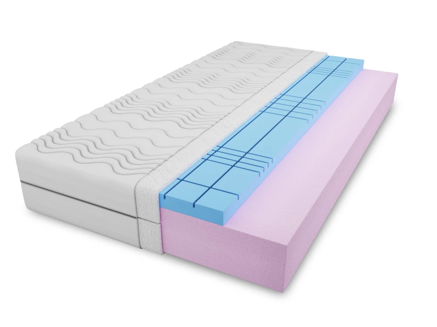 Querschnitt einer Kaltschaummatratze mit blauem Komfortschaum und rosa Schaumstoffkern.