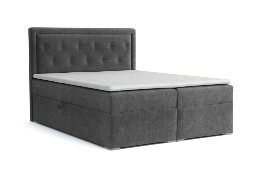 Anthrazitfarbenes Boxspringbett mit Stauraum-Funktion vor weißem Hintergrund.