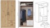 2-türiger Kleiderschrank in Eiche-Optik mit Schubladen, Innenansicht und Maßangaben.