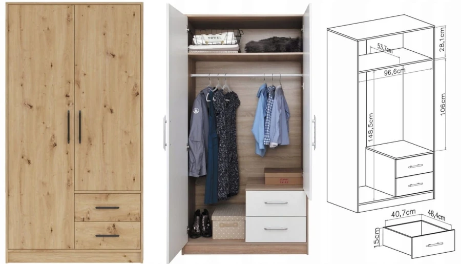 2-türiger Kleiderschrank in Eiche-Optik mit Schubladen, Innenansicht und Maßangaben.