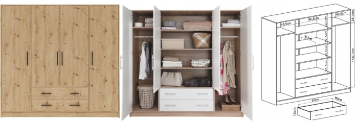 Kleiderschrank in Eiche-Optik: Geschlossene Front, Innenansicht und technische Zeichnung mit Maßen.