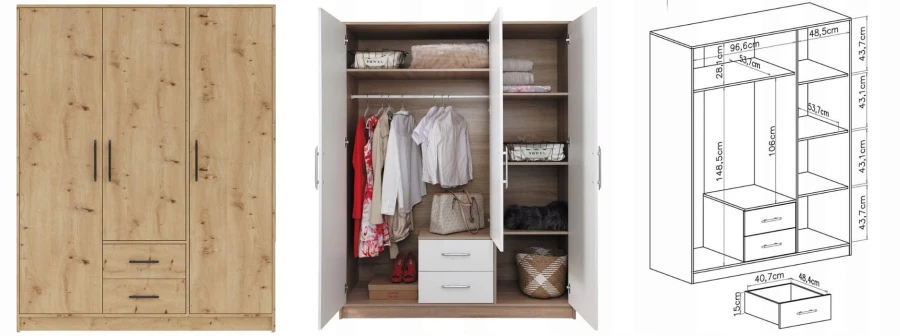 Kleiderschrank in Eiche: Ansicht von außen, innen mit Kleidung und Maßskizze.