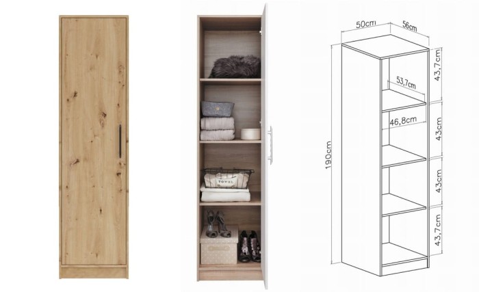 Schmaler Mehrzweckschrank in Eiche: Außenansicht, Innenfächer und Maße im Überblick.