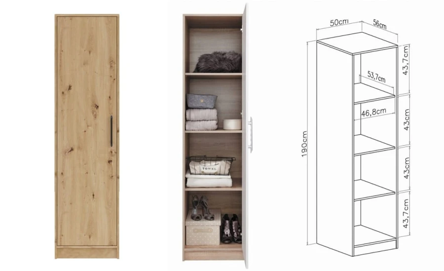 Schmaler Mehrzweckschrank in Eiche mit Maßen und Regaleinteilung.