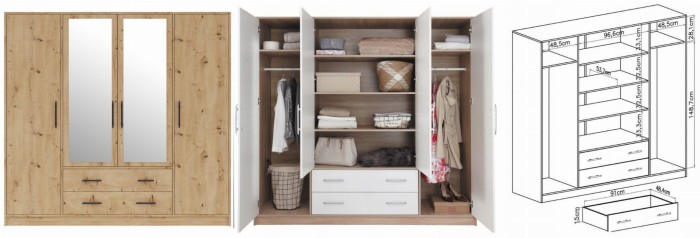 4-türiger Kleiderschrank Eiche: Außenansicht, Innenleben und technische Zeichnung.