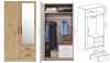 Kleiderschrank mit Spiegel und Schubladen: Außenansicht, Inneneinteilung und technische Maßzeichnung.