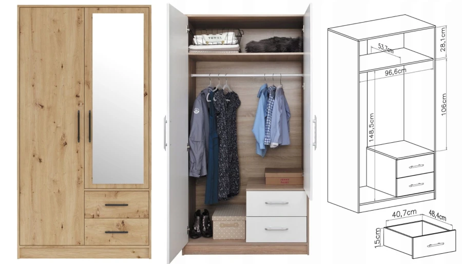 Kleiderschrank mit Spiegel und Schubladen: Außenansicht, Inneneinteilung und technische Maßzeichnung.