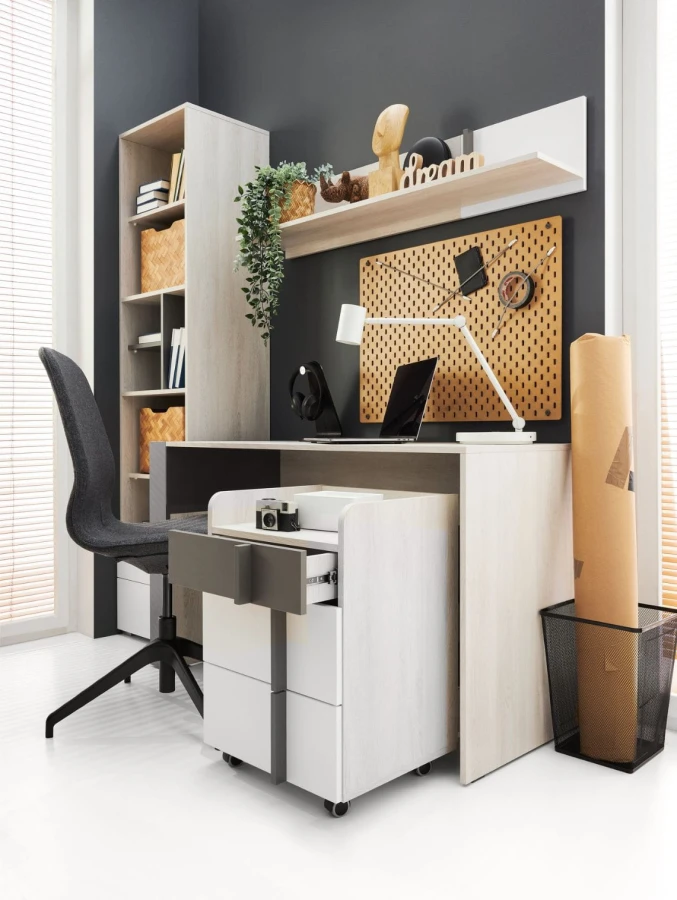 Komplettes Arbeitszimmer-Set mit Schreibtisch, Regal und Rollcontainer in modernem Design.