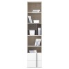 Schmales Bücherregal in Eiche-Optik und Weiß mit zwei Schubladen für viel Stauraum.