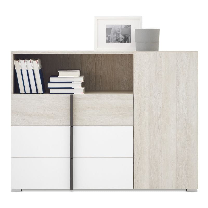 Kombiniertes Sideboard in Eiche hell und Weiß mit offenen Regalfächern und Schubladen.