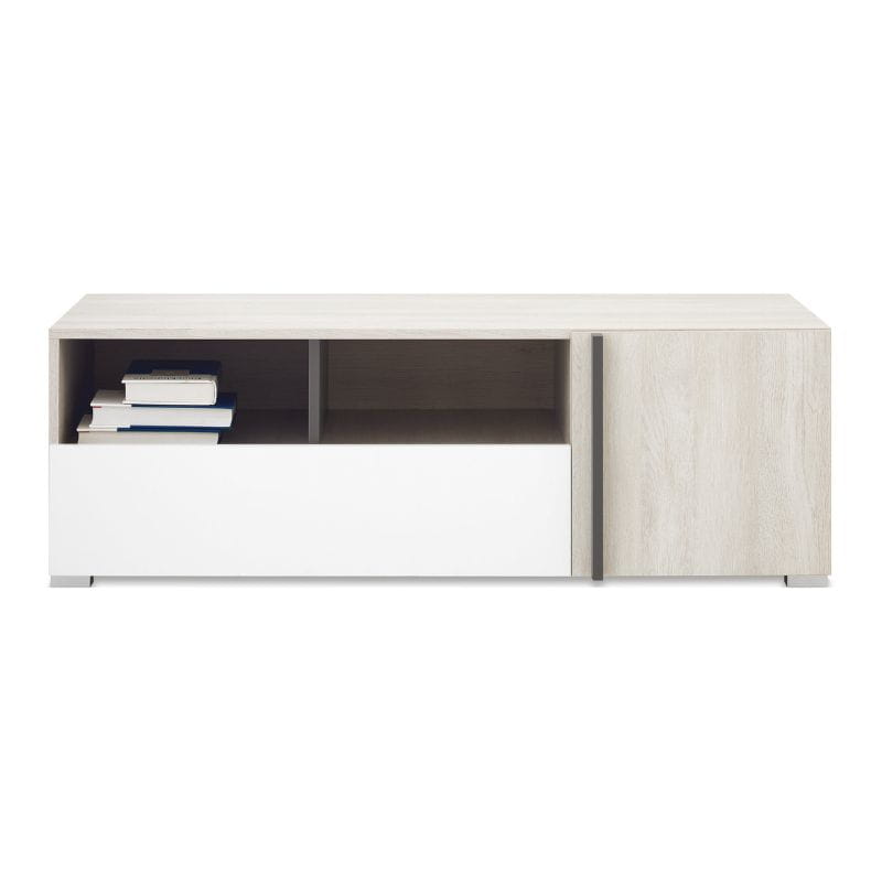 Modernes Lowboard in Eichenoptik und Weiß mit offenen Fächern für das Wohnzimmer.