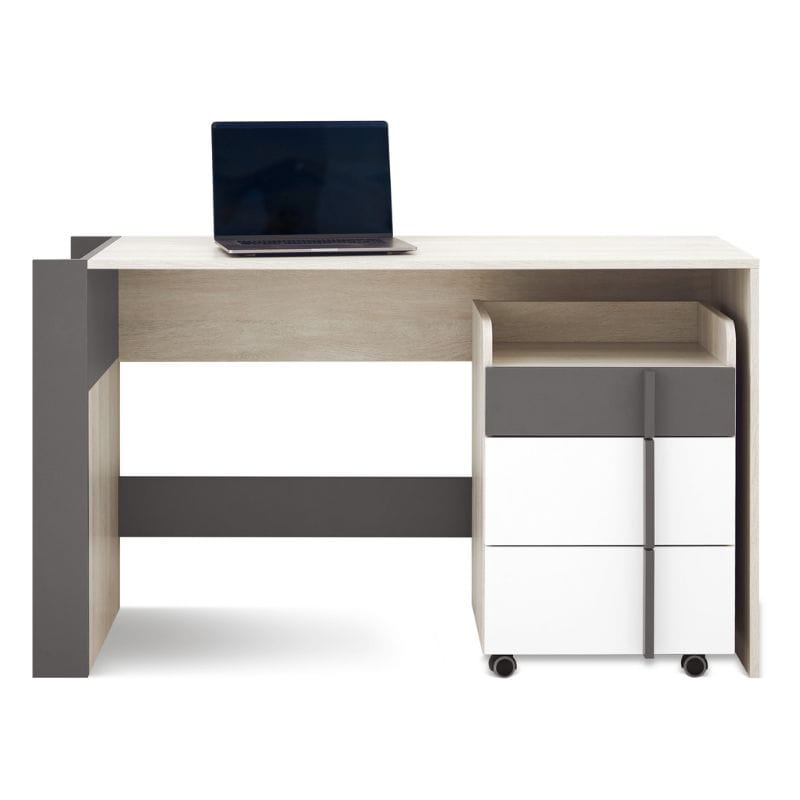Moderner Schreibtisch in Eichenoptik mit grauem Rollcontainer und Laptop.