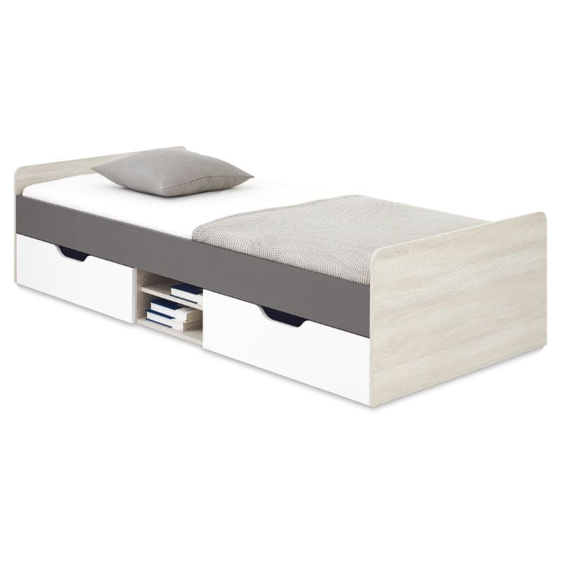 Funktionelles Jugendbett in Eiche-Nachbildung mit weißen Schubkästen und grauen Akzenten.