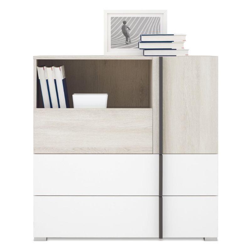 Stilvolles Sideboard in Eiche-Optik und Weiß mit Griffleiste in Grau und offenen Fächern.