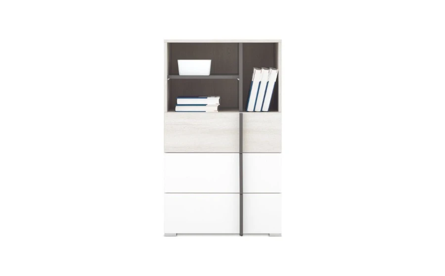 Highboard in Eiche-Optik und Weiß mit offenem Oberfach für Bücher und Dekoration.