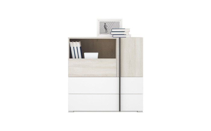 Breites Sideboard in Eiche-Optik und Weiß mit dekorativem Bücherfach und Schubladen.