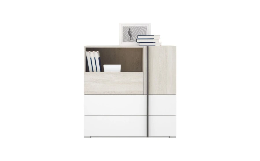 Stilvolle Kommode in Holzoptik und Weiß für das moderne Jugendzimmer.