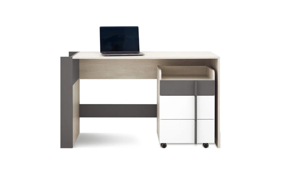Moderner Schreibtisch in Holzoptik mit Laptop und passendem Rollcontainer.