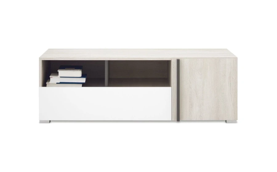 Kompaktes TV-Lowboard in hellem Holzdesign mit weißer Schublade.