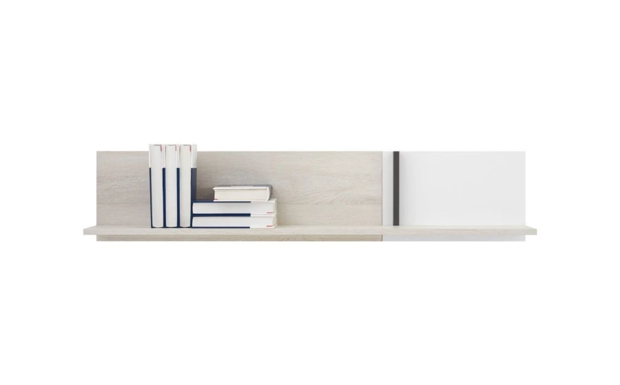 Minimalistisches Wandregal in Weiß und Eiche mit dekorativen Büchern.