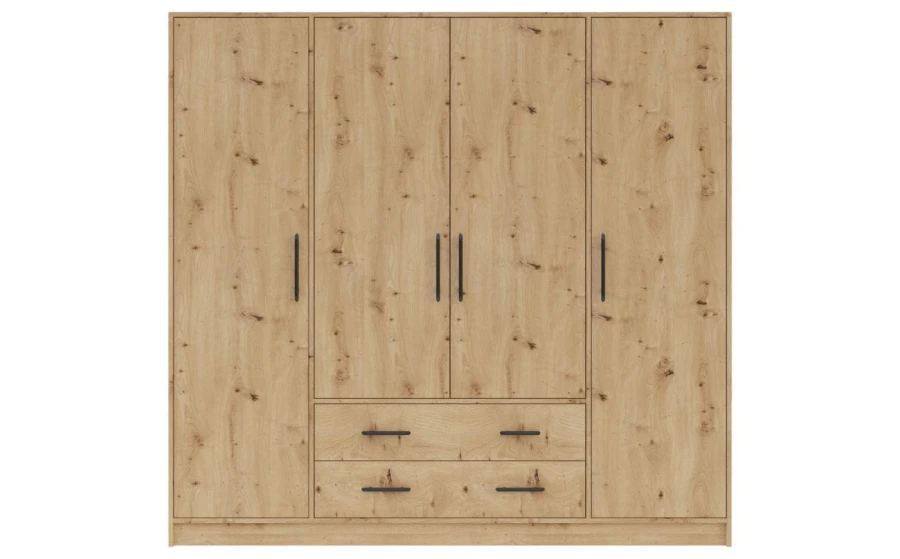 Großer vierteiliger Kleiderschrank in natürlicher Eiche-Optik mit zwei Schubladen.