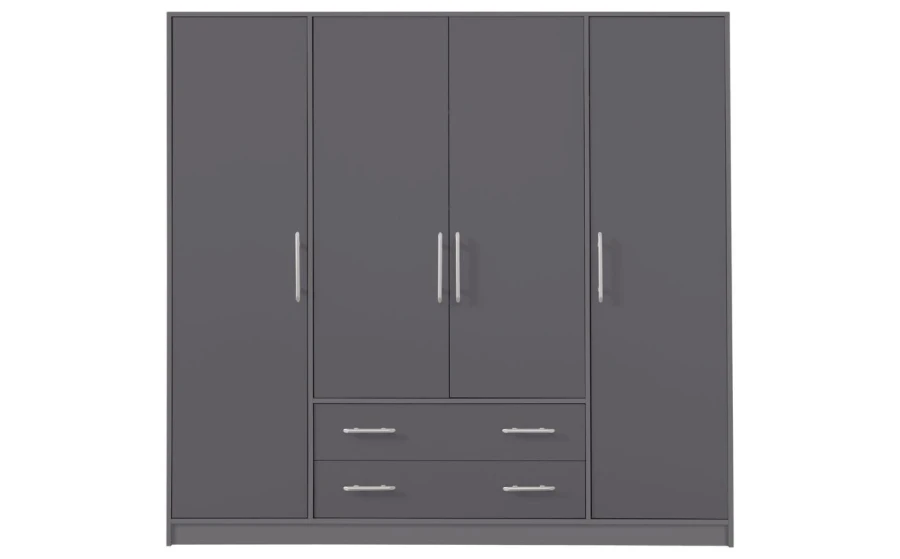 Moderner grauer Kleiderschrank mit 4 Türen und 2 Schubladen, ideal für das Schlafzimmer.