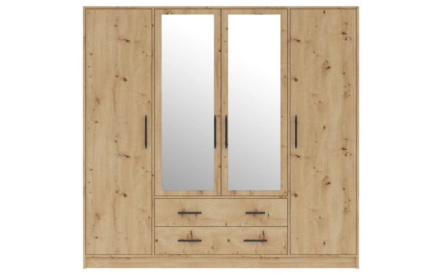 4-türiger Kleiderschrank in Eiche-Dekor mit zwei großen Spiegeltüren und praktischen Schubladen.